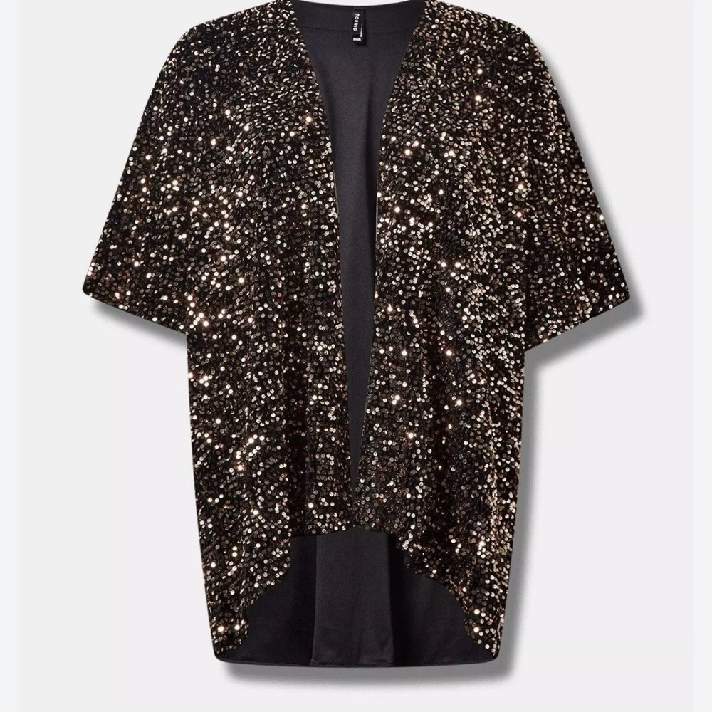 NWT Torrid Woman's Black Gold Sequined Ruana Cover Up Kimono ONE SIZE fits all - Picture 2 of 3